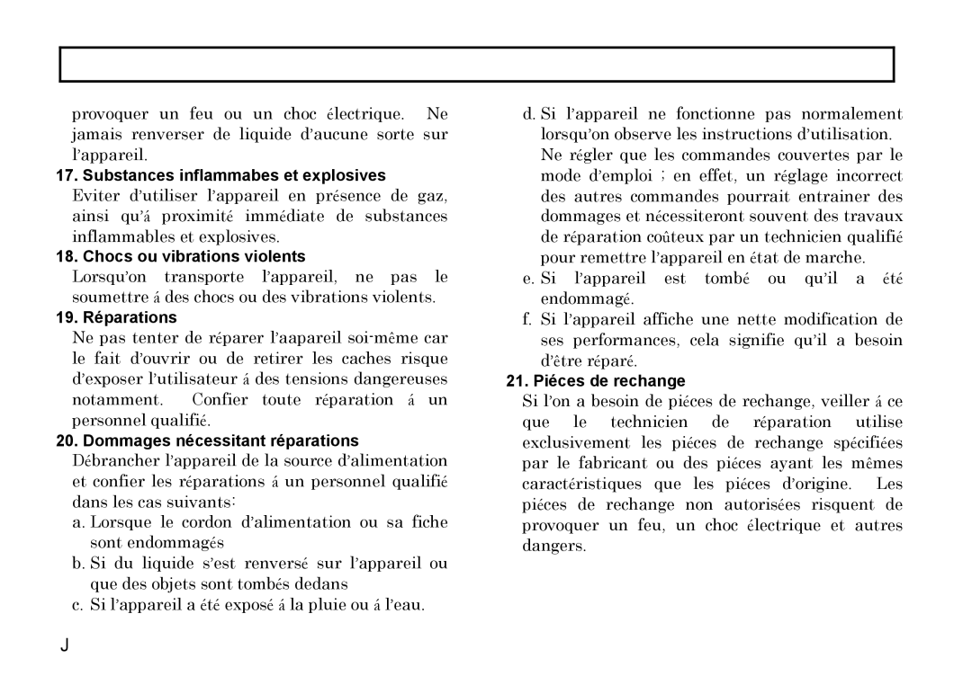 Hitachi HV-D27A, HV-D37A operation manual 19. Réparations, 21. Piéces de rechange 