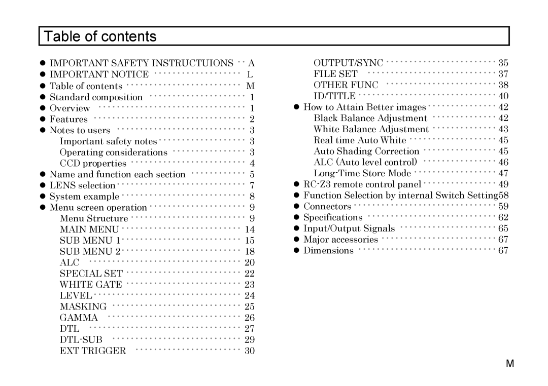 Hitachi HV-D37A, HV-D27A operation manual Table of contents 