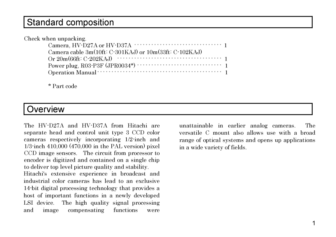 Hitachi HV-D27A, HV-D37A operation manual Standard composition 