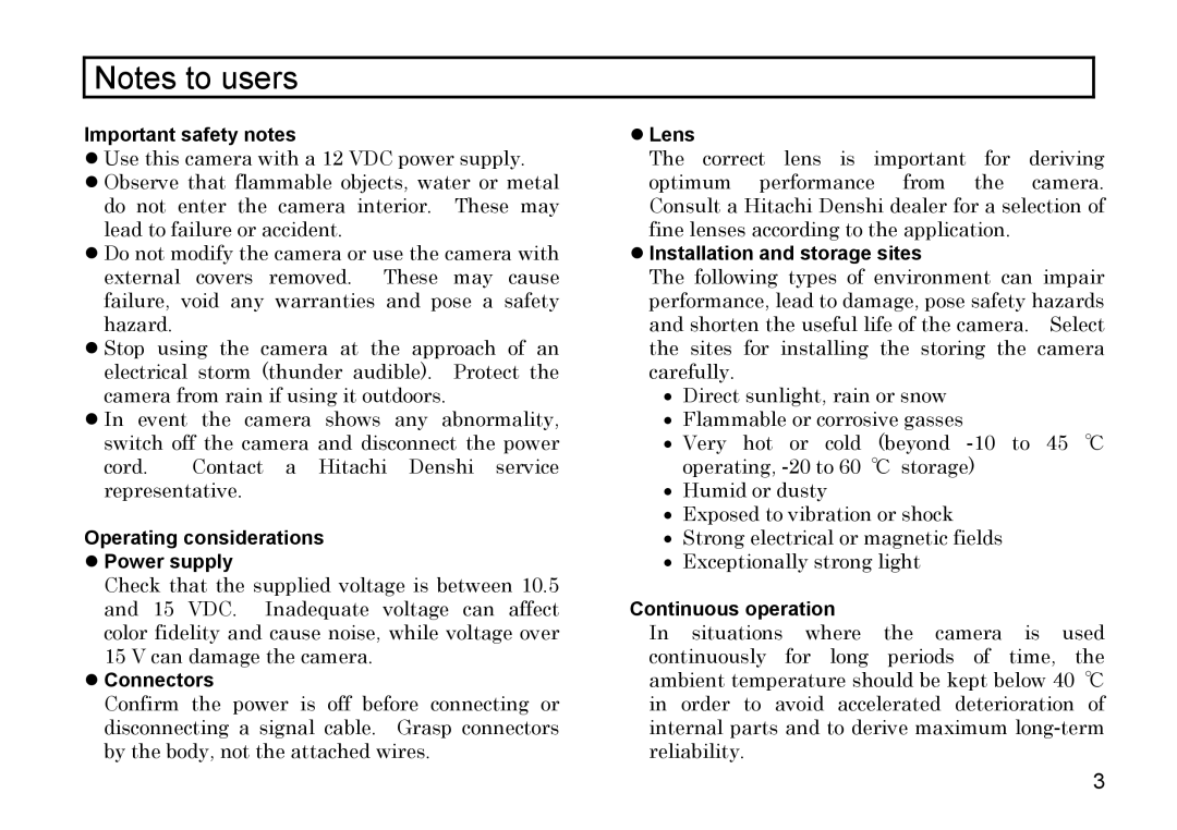 Hitachi HV-D27A Important safety notes, Operating considerations Power supply, Connectors, Lens, Continuous operation 