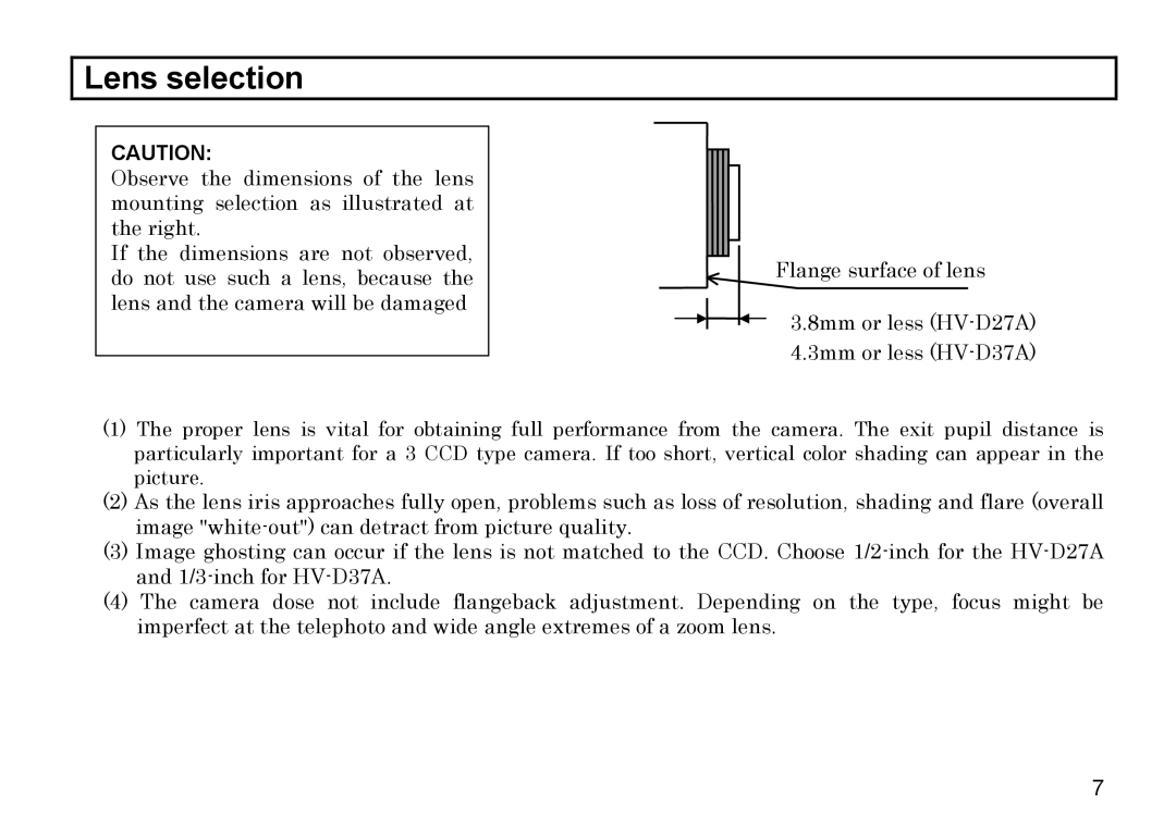 Hitachi HV-D27A, HV-D37A operation manual Lens selection 