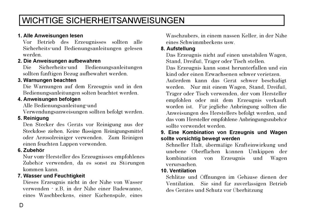 Hitachi HV-D27A Alle Anweisungen lesen, Die Anweisungen aufbewahren, Warnungen beachten, Anweisungen befolgen, Reinigung 