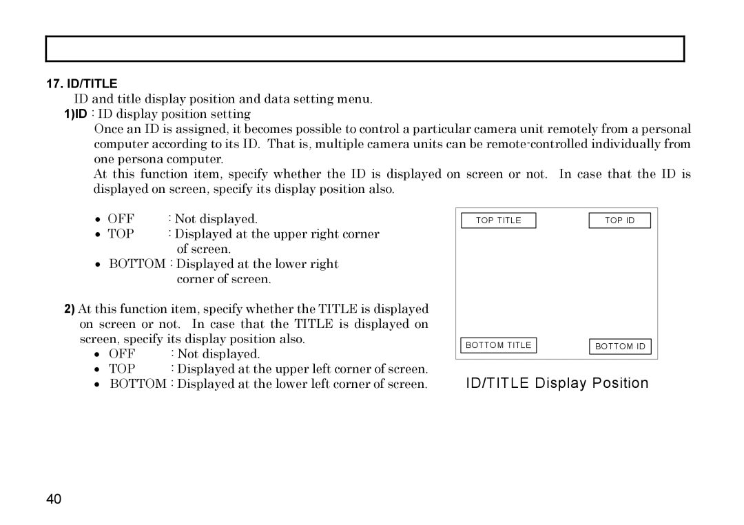 Hitachi HV-D37A, HV-D27A operation manual 17. ID/TITLE, Top 