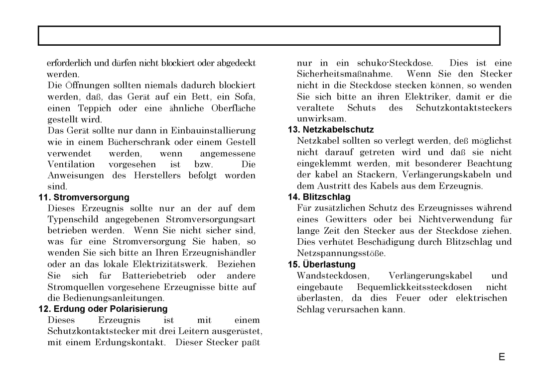 Hitachi HV-D37A, HV-D27A Stromversorgung, Erdung oder Polarisierung, Netzkabelschutz, Blitzschlag, 15. Überlastung 