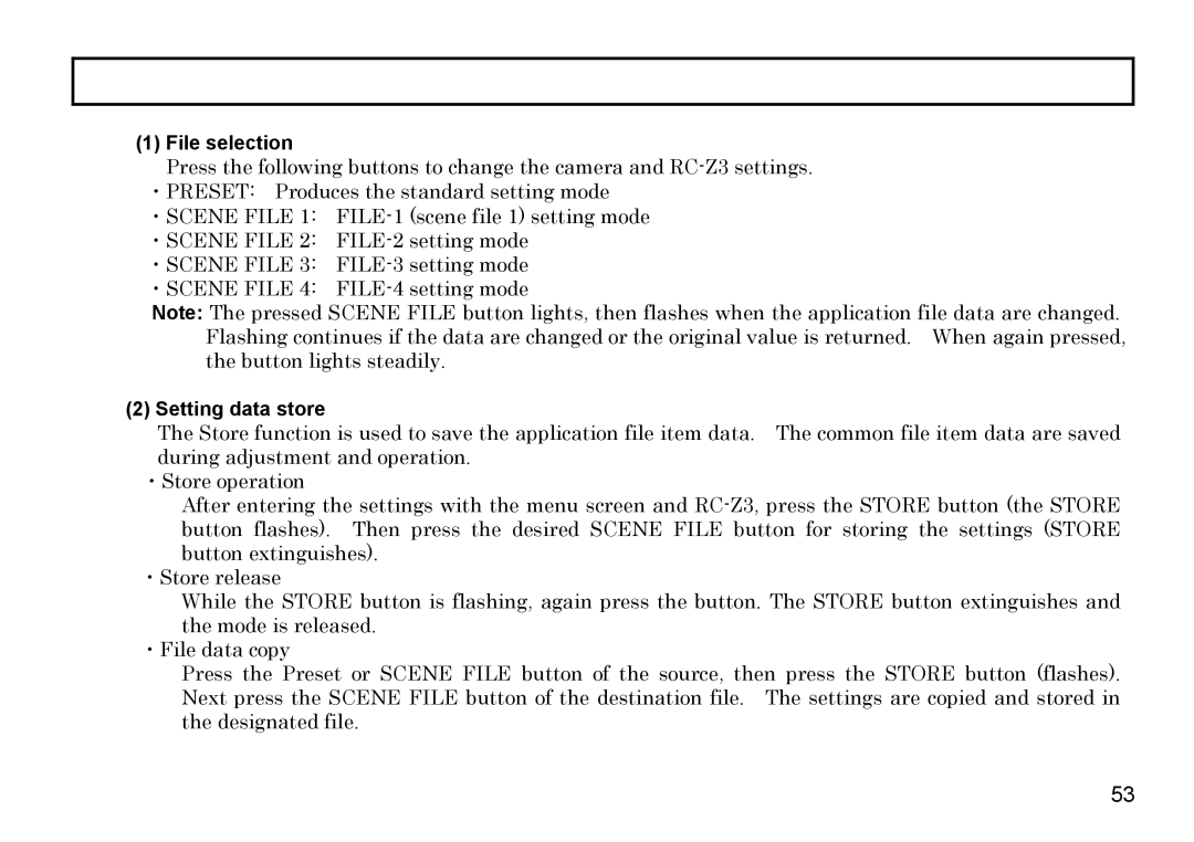 Hitachi HV-D27A, HV-D37A operation manual File selection, Setting data store 