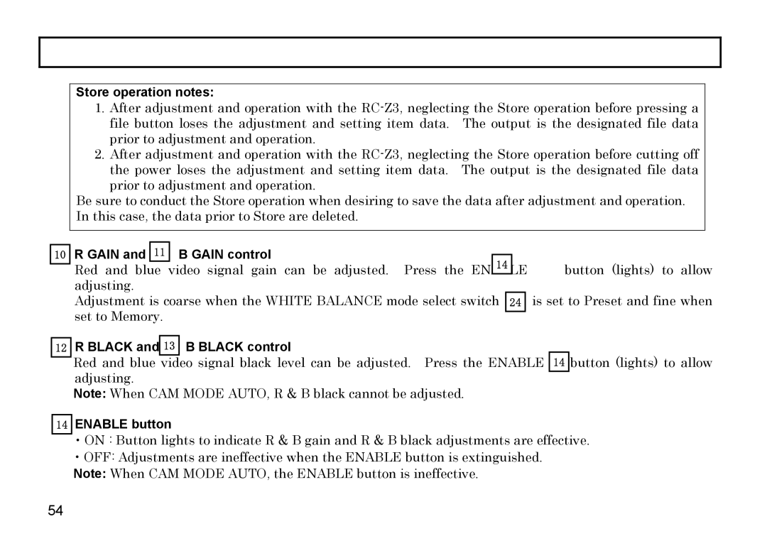 Hitachi HV-D37A, HV-D27A Store operation notes, Gain Gain control, Black and 13 B Black control, Enable button 