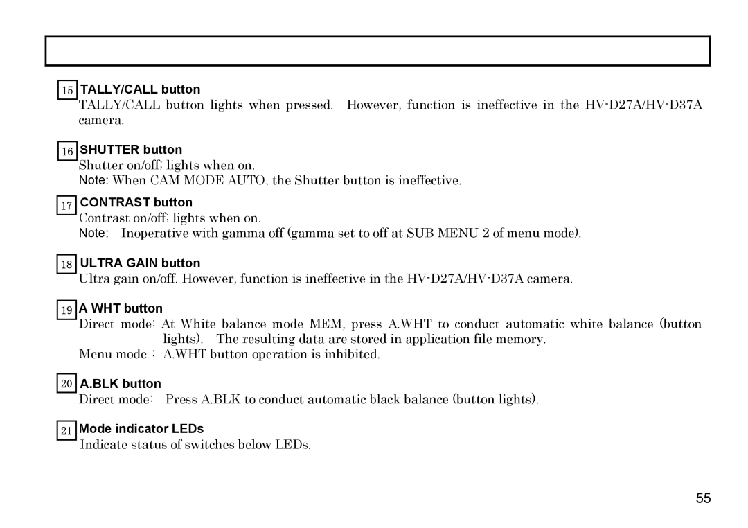 Hitachi HV-D27A, HV-D37A TALLY/CALL button, Shutter button, Contrast button, Ultra Gain button, WHT button, BLK button 