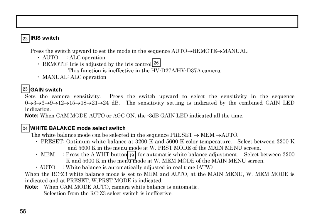 Hitachi HV-D37A, HV-D27A operation manual Iris switch, Gain switch, White Balance mode select switch, ・Auto 