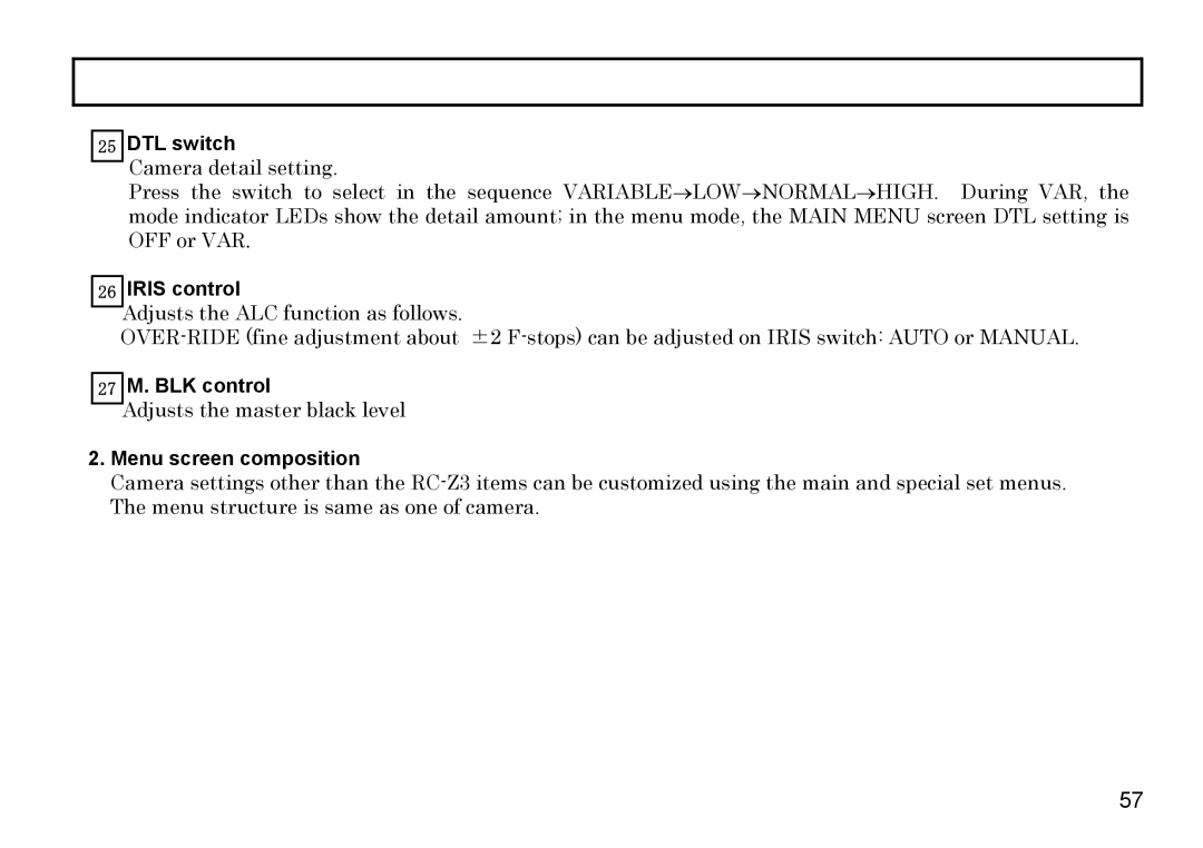 Hitachi HV-D27A, HV-D37A operation manual DTL switch, Iris control, 27 M. BLK control, Menu screen composition 