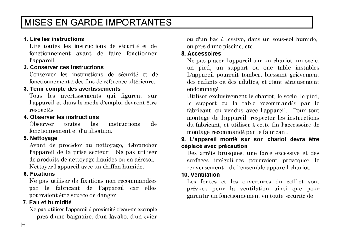 Hitachi HV-D27A Lire les instructions, Conserver ces instructions, Tenir compte des avertissements, Nettoyage, Fixations 