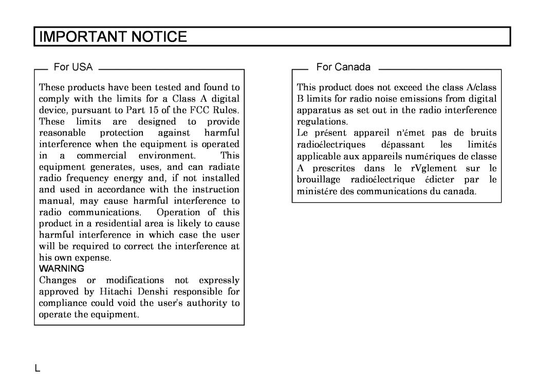 Hitachi HV-D27A, HV-D37A operation manual Important Notice, For USA, For Canada 