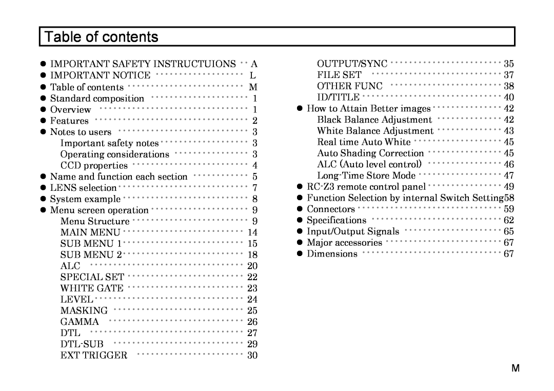 Hitachi HV-D37A, HV-D27A operation manual Table of contents 