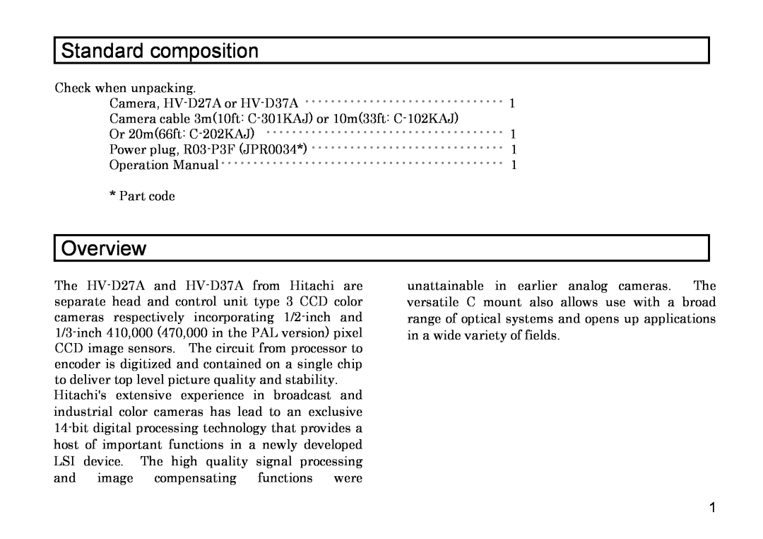 Hitachi HV-D27A, HV-D37A operation manual Standard composition, Overview 