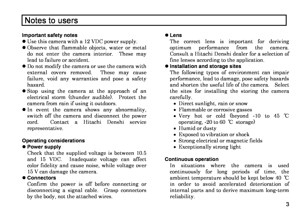 Hitachi HV-D27A, HV-D37A Notes to users, Important safety notes, Operating considerations Power supply, Connectors, Lens 