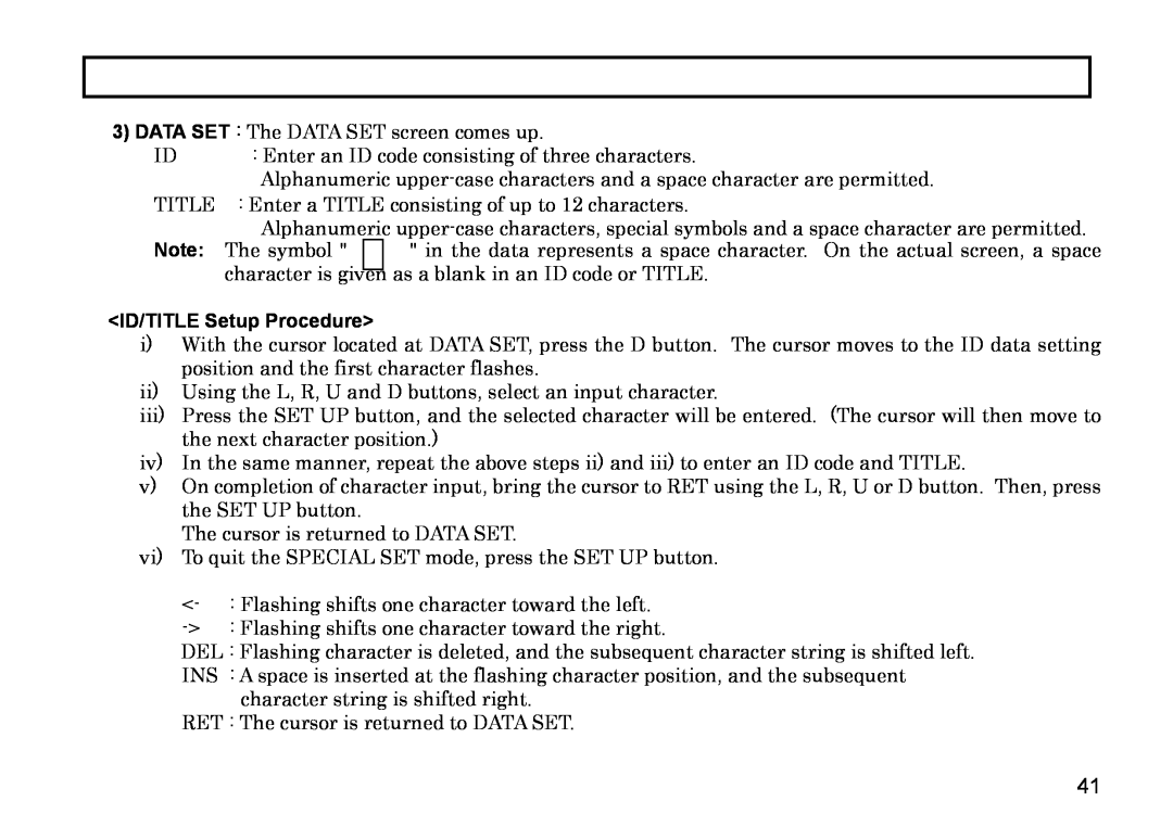 Hitachi HV-D27A, HV-D37A operation manual ID/TITLE Setup Procedure 