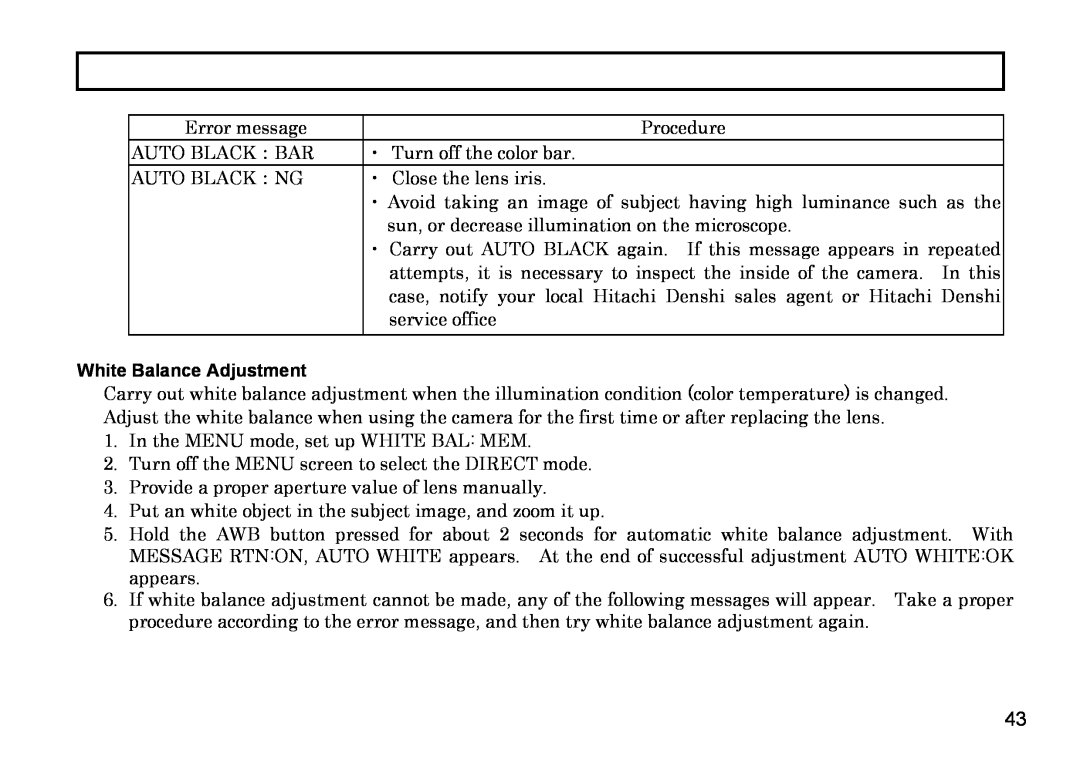Hitachi HV-D27A, HV-D37A operation manual White Balance Adjustment 