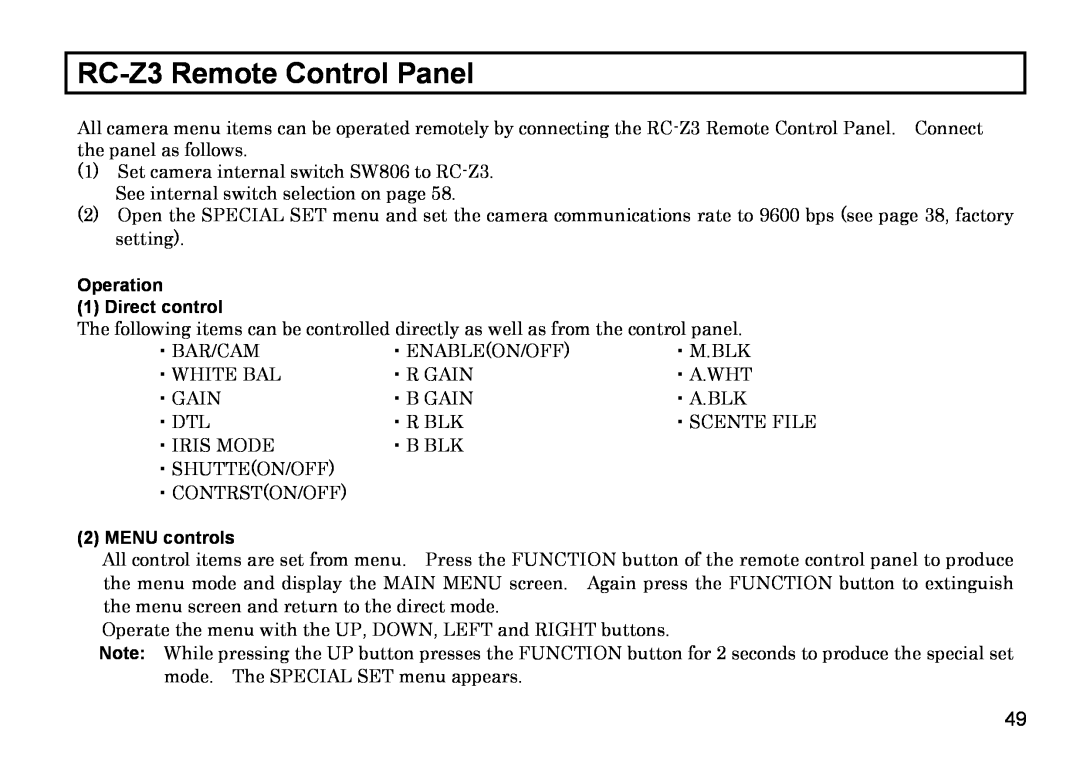Hitachi HV-D27A, HV-D37A operation manual RC-Z3Remote Control Panel, Operation 1 Direct control, MENU controls 