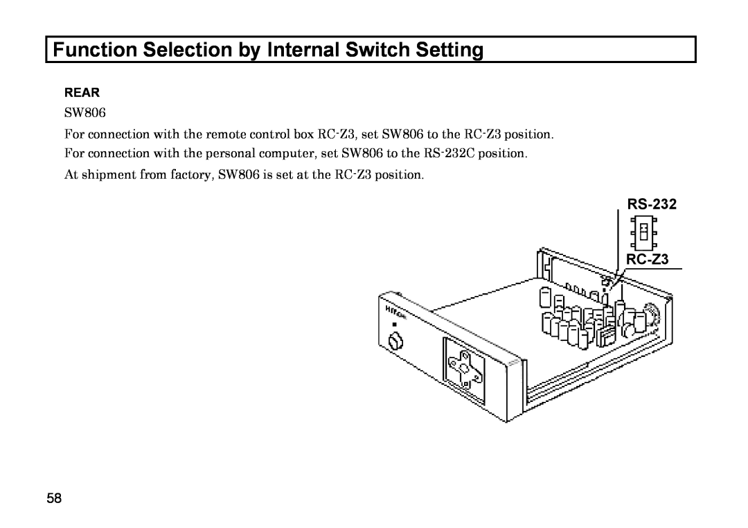 Hitachi HV-D37A, HV-D27A operation manual Function Selection by Internal Switch Setting, RS-232 RC-Z3, Rear 