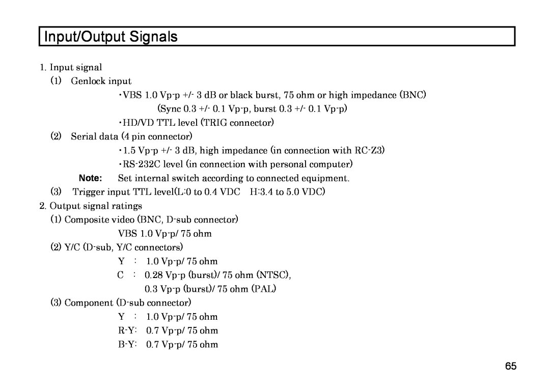 Hitachi HV-D27A, HV-D37A operation manual Input/Output Signals 