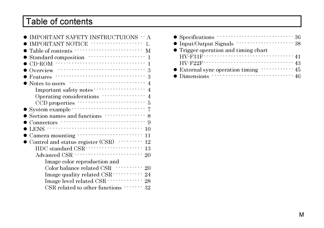 Hitachi HV-F22F, HV-F31F operation manual Table of contents 