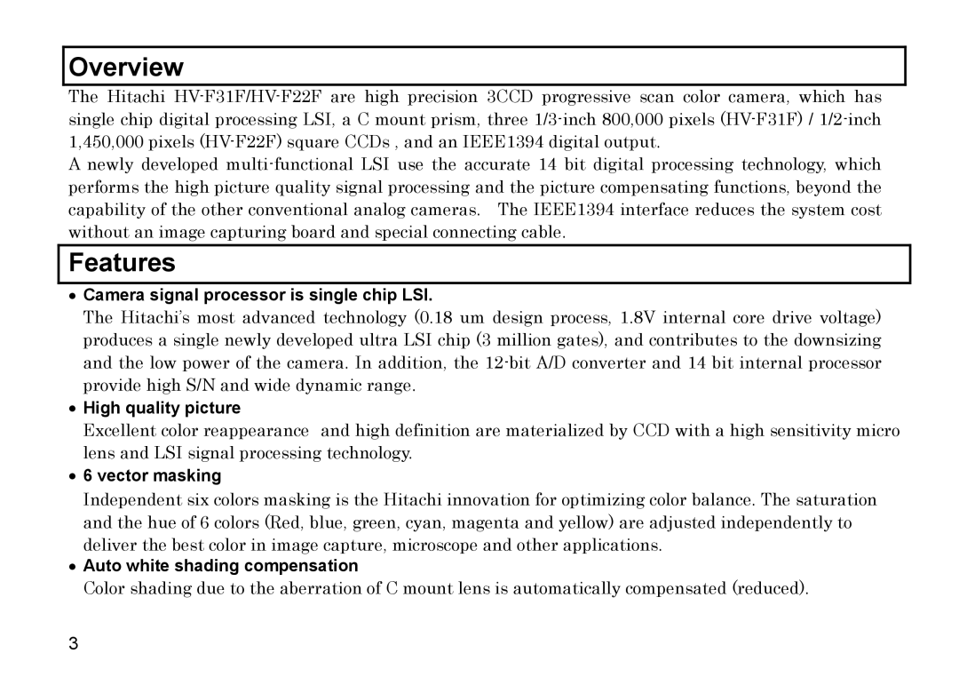 Hitachi HV-F31F, HV-F22F operation manual Overview, Features 