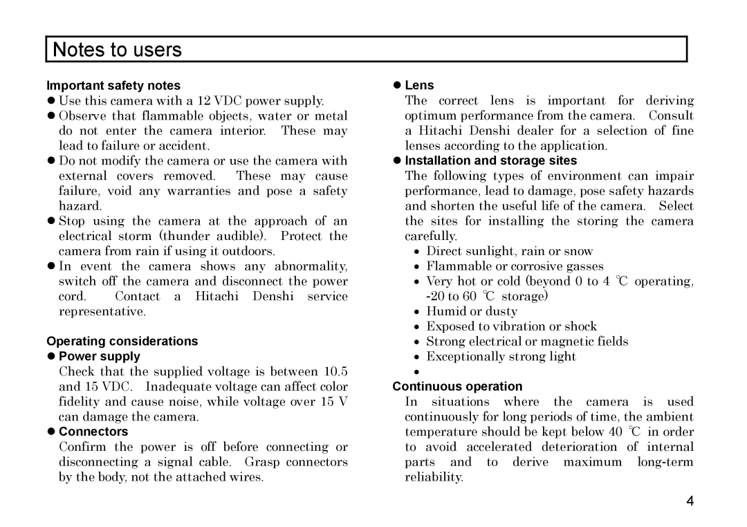 Hitachi HV-F22F Important safety notes, Operating considerations Power supply, Connectors, Lens, Continuous operation 