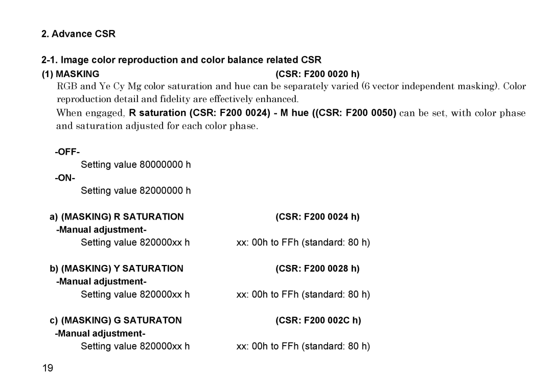 Hitachi HV-F31F, HV-F22F operation manual Maskingcsr F200 0020 h, Masking R Saturation CSR F200 0024 h Manual adjustment 