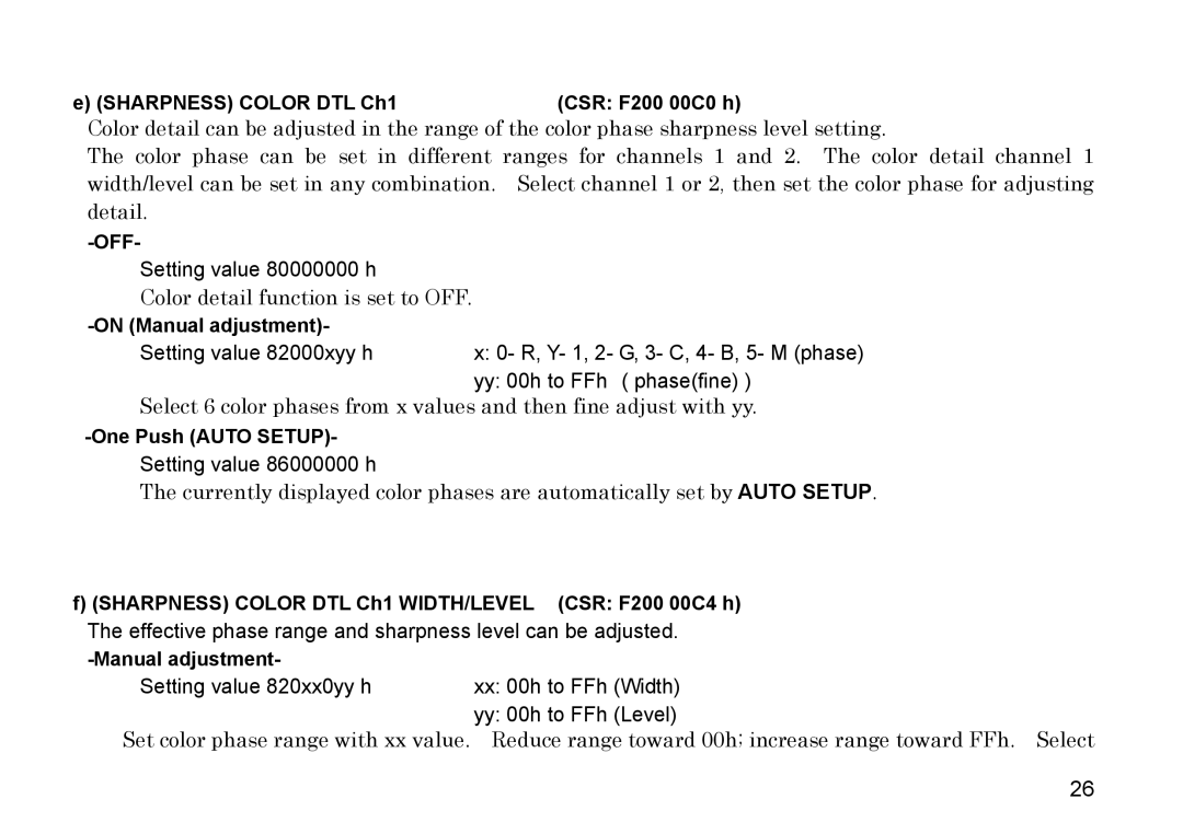 Hitachi HV-F22F, HV-F31F operation manual Setting value 82000xyy h, Setting value 820xx0yy h 