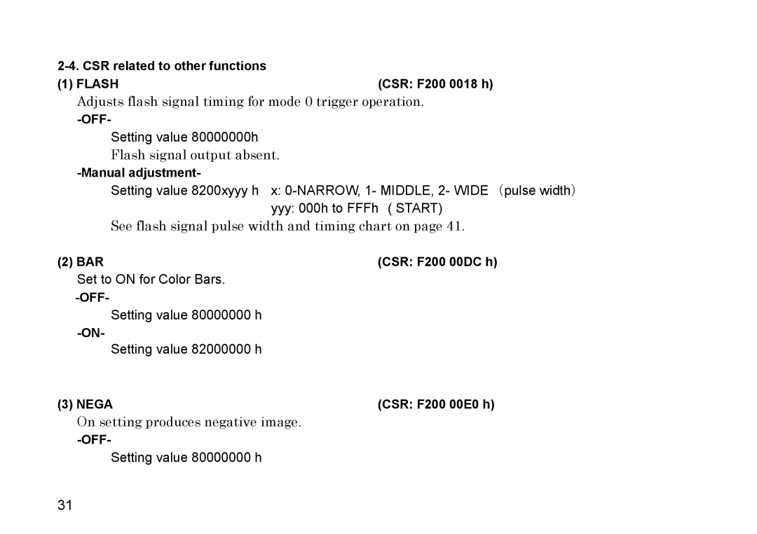 Hitachi HV-F31F, HV-F22F CSR related to other functions, CSR F200 0018 h, BAR CSR F200 00DC h, Nega CSR F200 00E0 h 