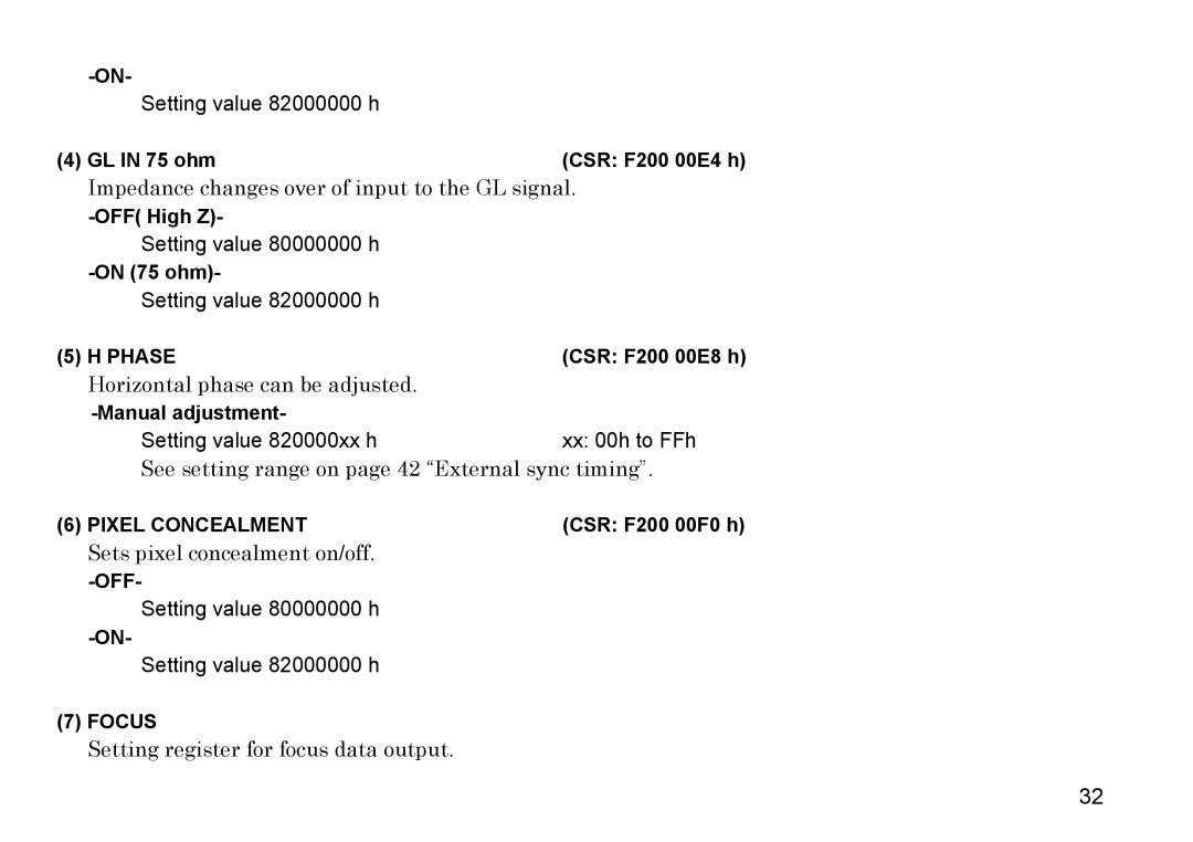 Hitachi HV-F22F, HV-F31F Horizontal phase can be adjusted, See setting range on page 42 External sync timing 