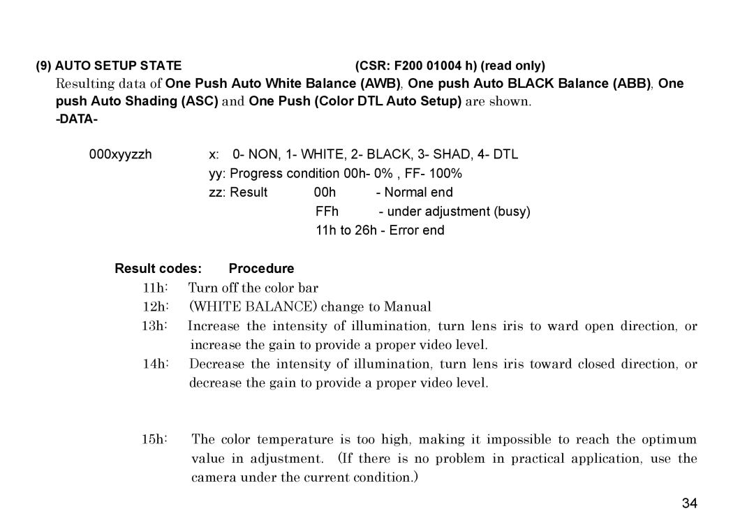 Hitachi HV-F22F, HV-F31F operation manual Result codes Procedure, CSR F200 01004 h read only 