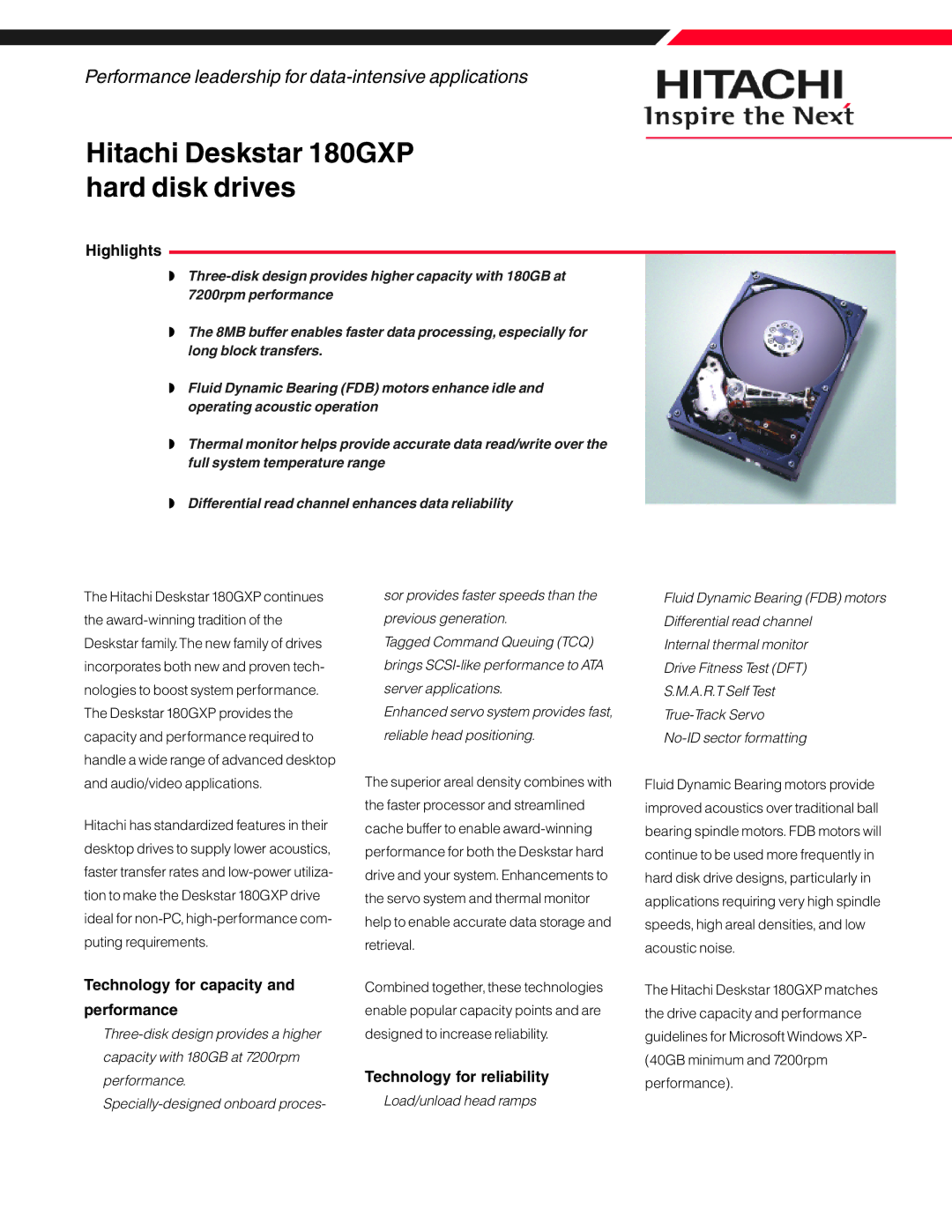 Hitachi HTS543216A7A384, 180GXP manual Highlights, Technology for capacity Performance, Technology for reliability 