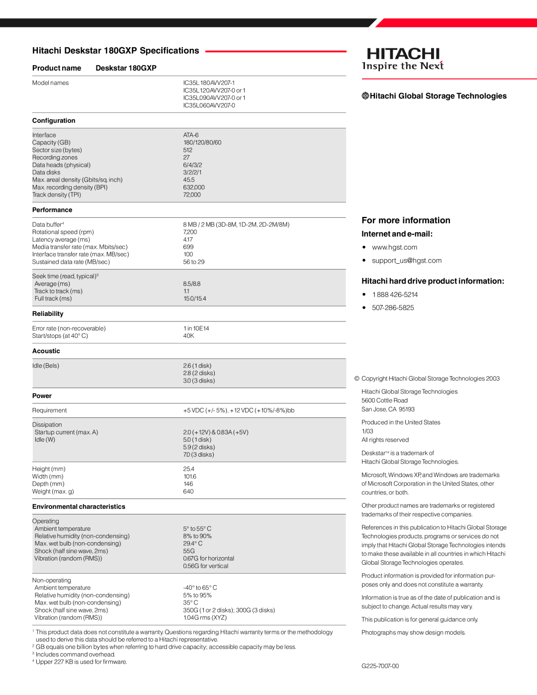 Hitachi IC35L090AVV2071, IC35L060AVV207-0, HTS543216A7A384 Hitachi Deskstar 180GXP Specifications, For more information 