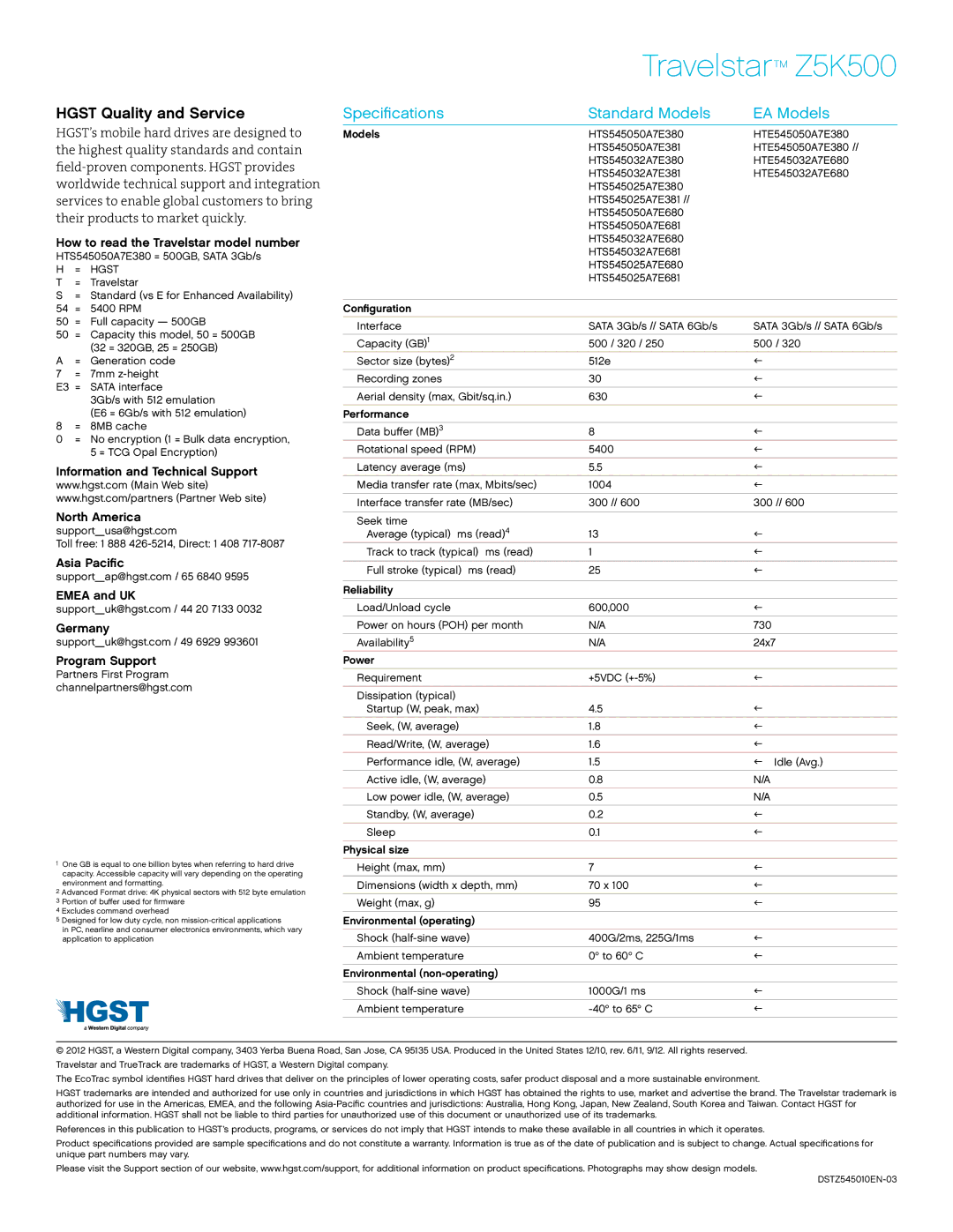 Hitachi HTE545050A7E380, IC35L060AVV207, Z5K500 manual Hgst Quality and Service, Specifications Standard Models EA Models 