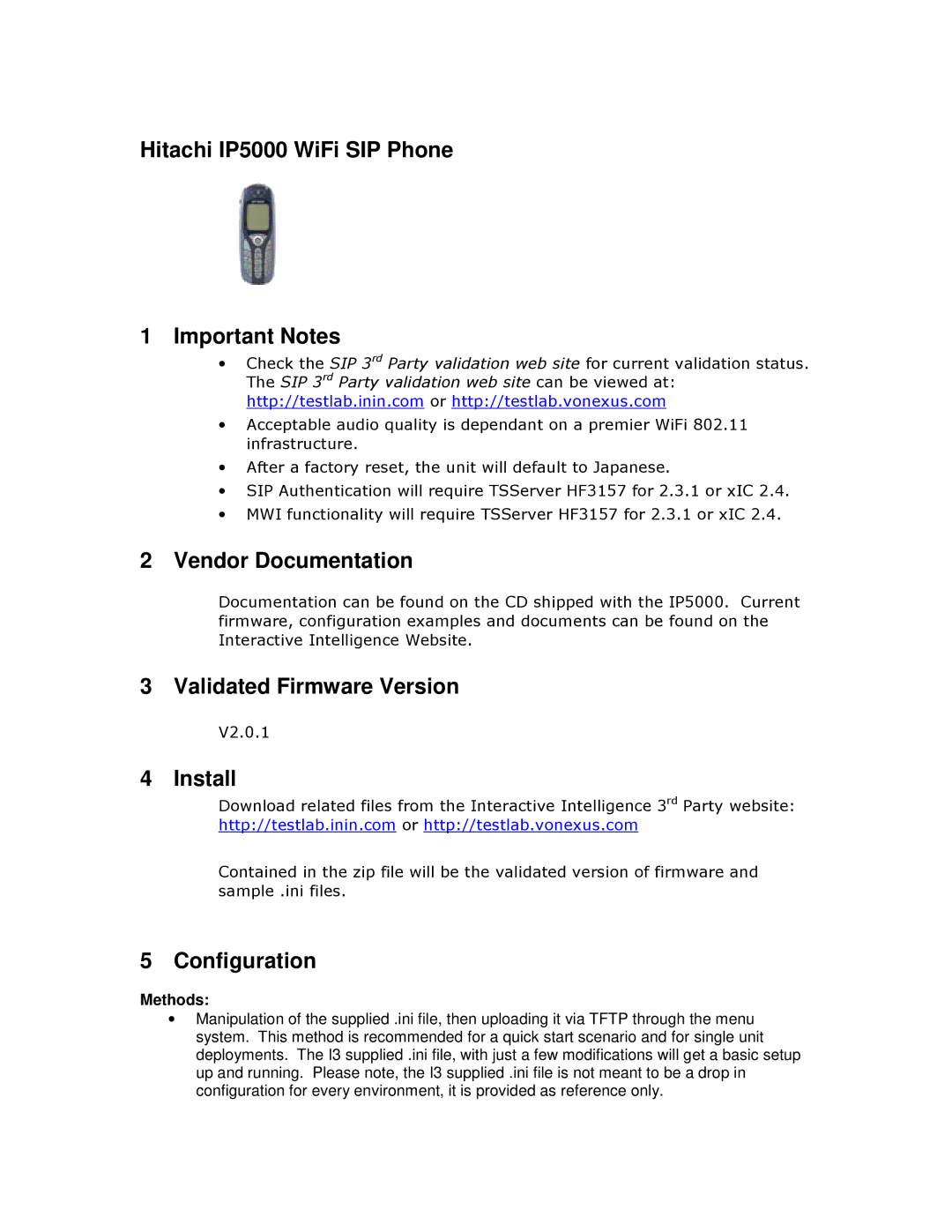 Hitachi quick start Hitachi IP5000 WiFi SIP Phone Important Notes, Methods 