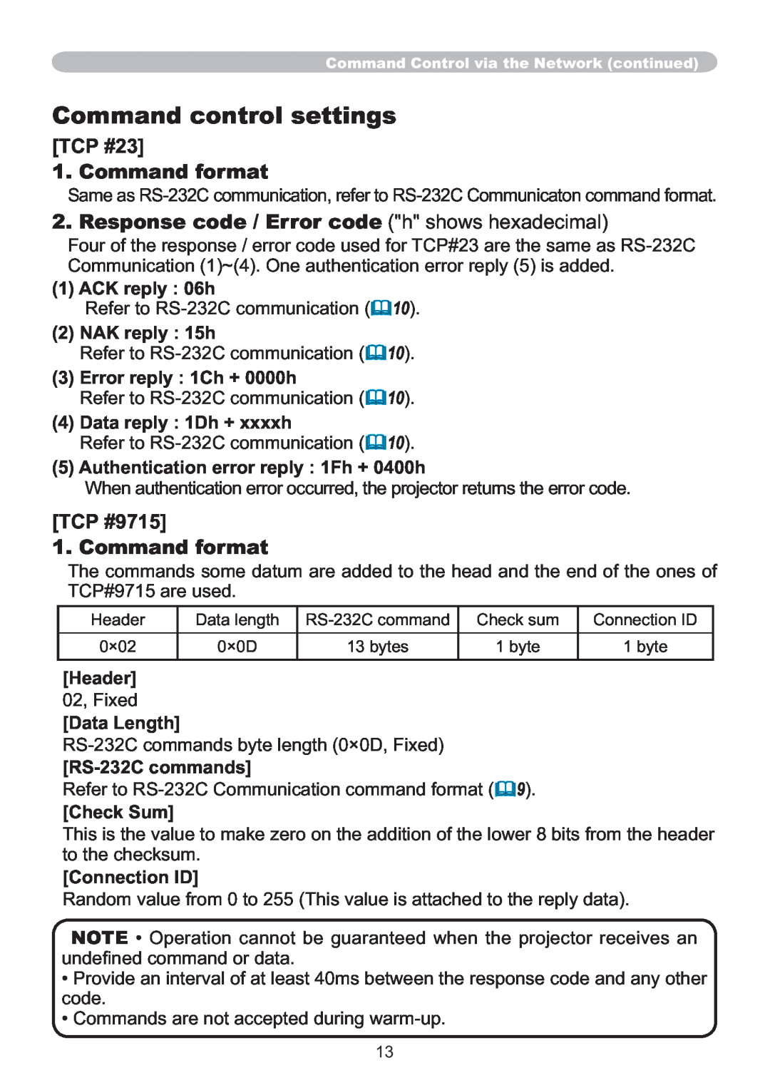 Hitachi IPJ-AW250N Command control settings, TCP #23 1. Command format, Response code / Error code h shows hexadecimal 
