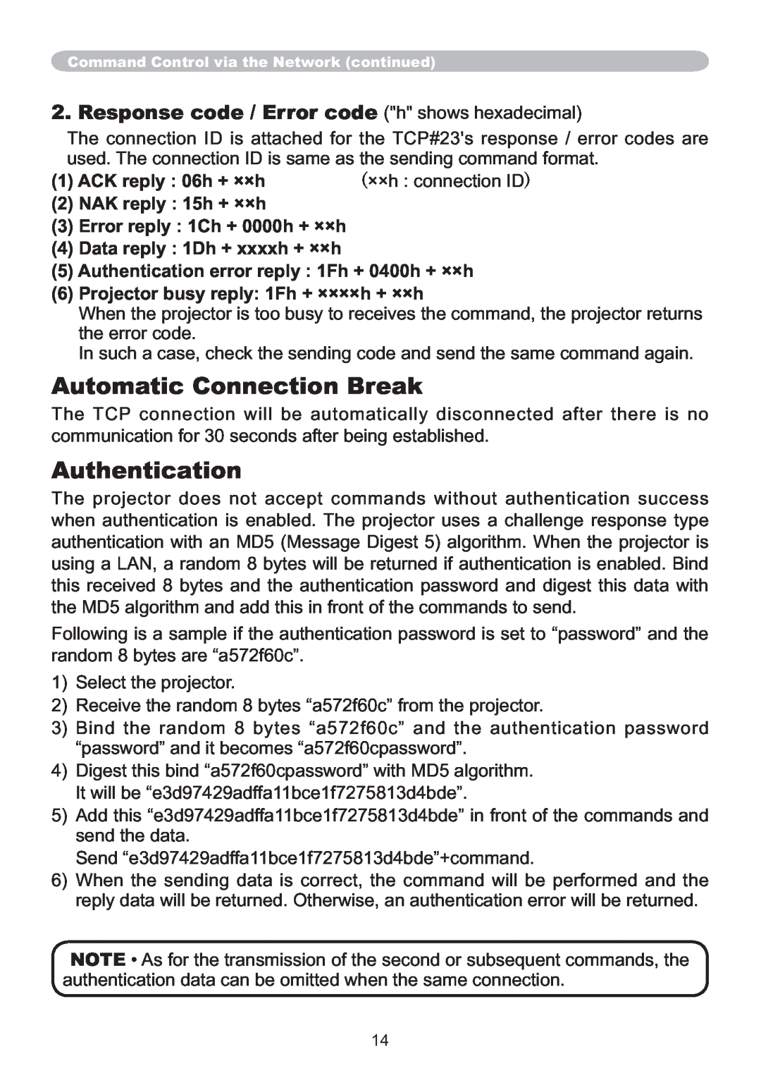 Hitachi IPJ-AW250N user manual Automatic Connection Break, Authentication, Response code / Error code h shows hexadecimal 