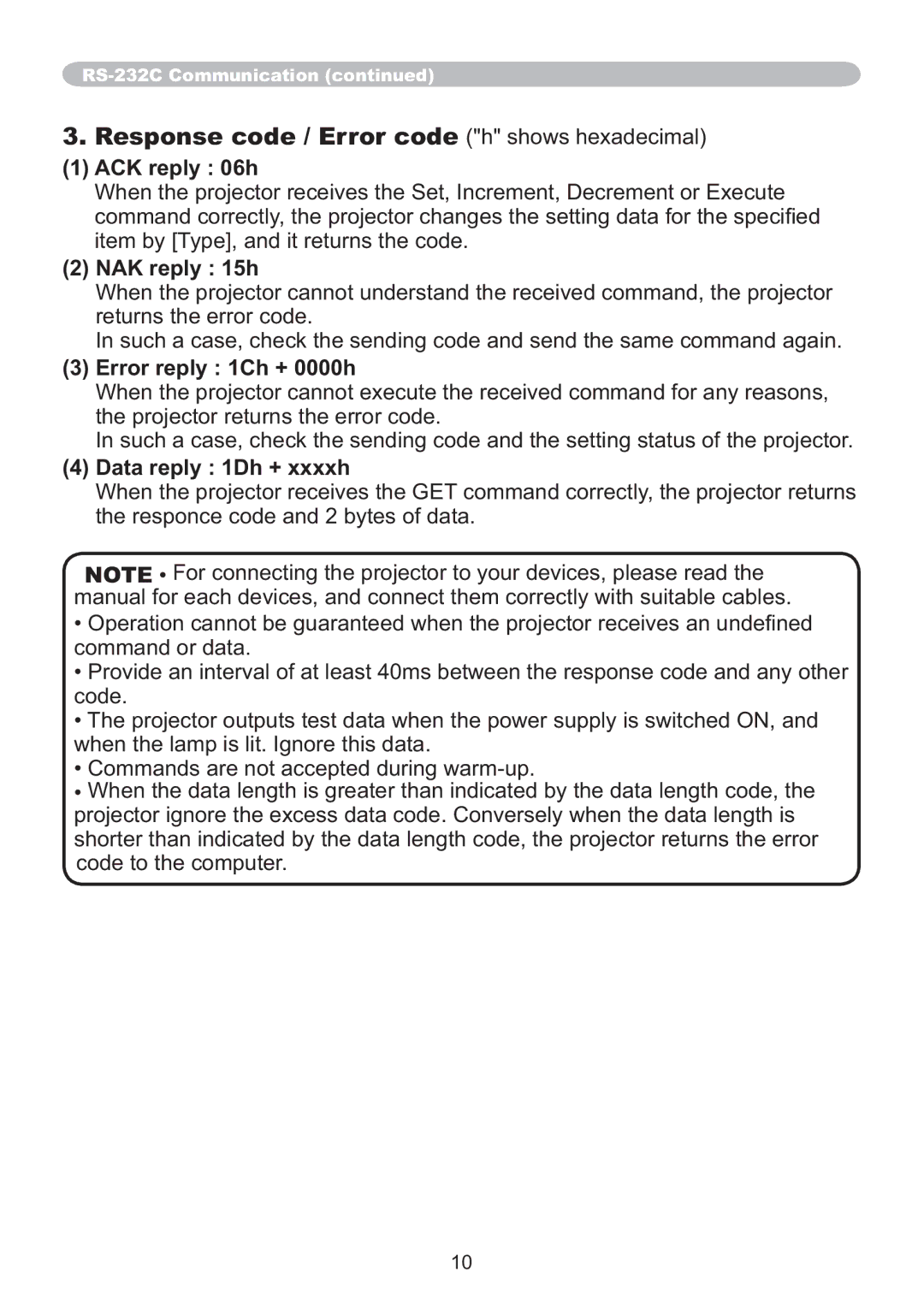 Hitachi IPJ-AW250N user manual Response code / Error code h shows hexadecimal 