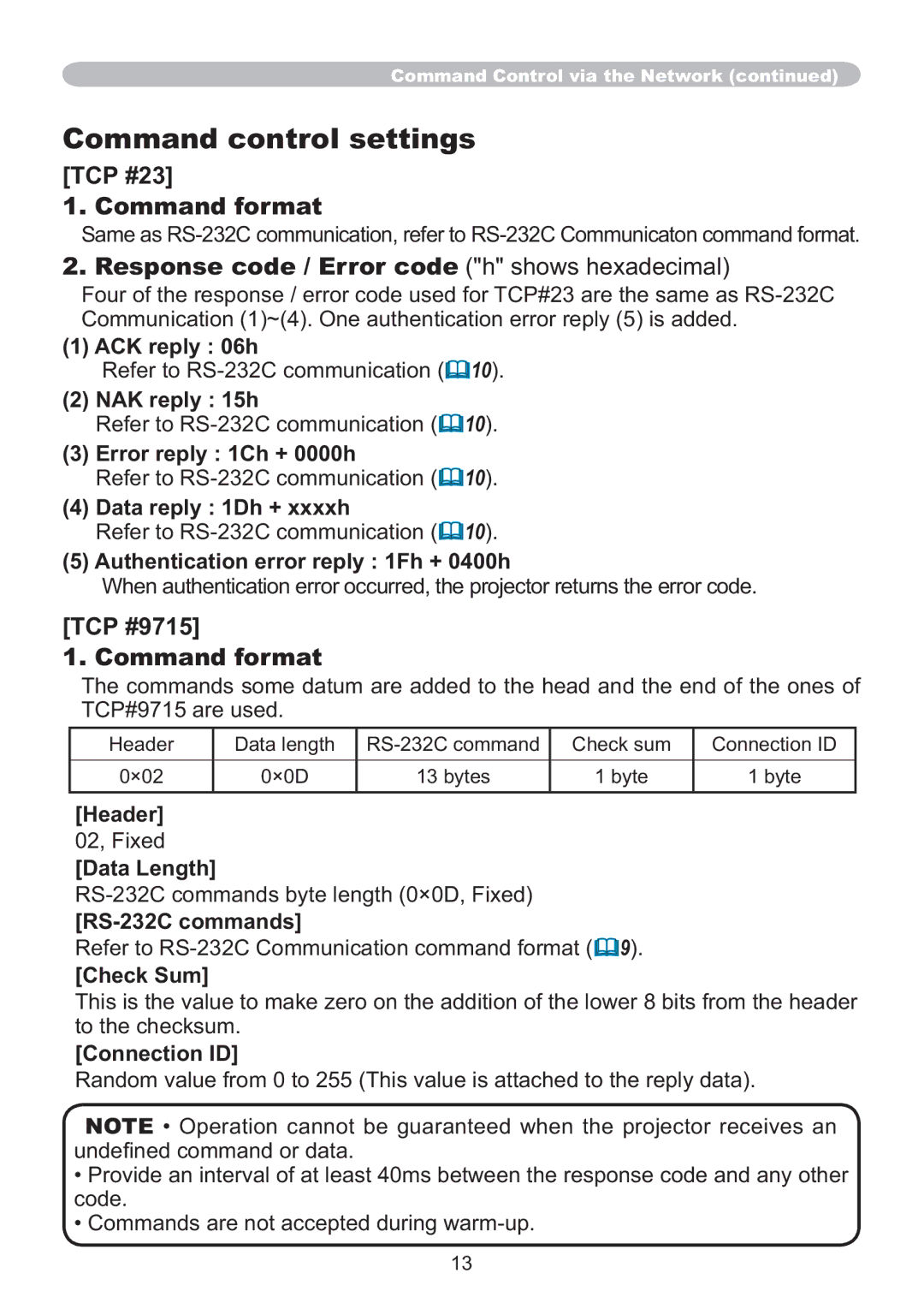 Hitachi IPJ-AW250N user manual Command control settings, TCP #9715 Command format 