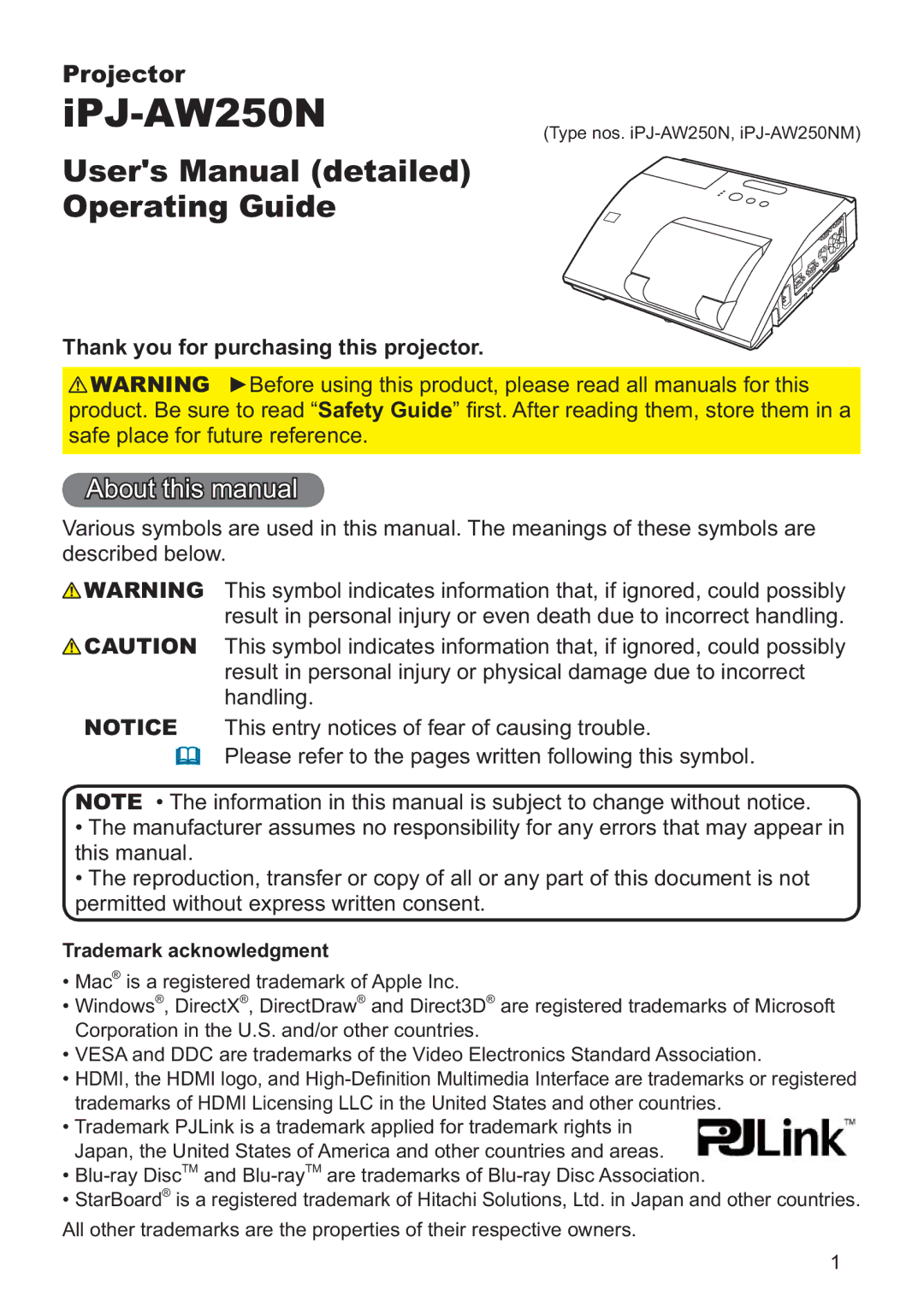 Hitachi IPJ-AW250NM user manual About this manual, Projector, Thank you for purchasing this projector 