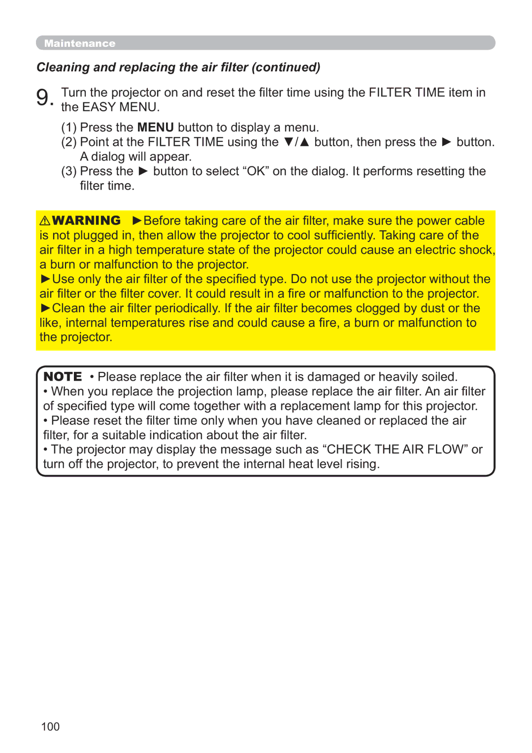 Hitachi IPJ-AW250NM user manual Cleaning and replacing the air ﬁlter, 100 