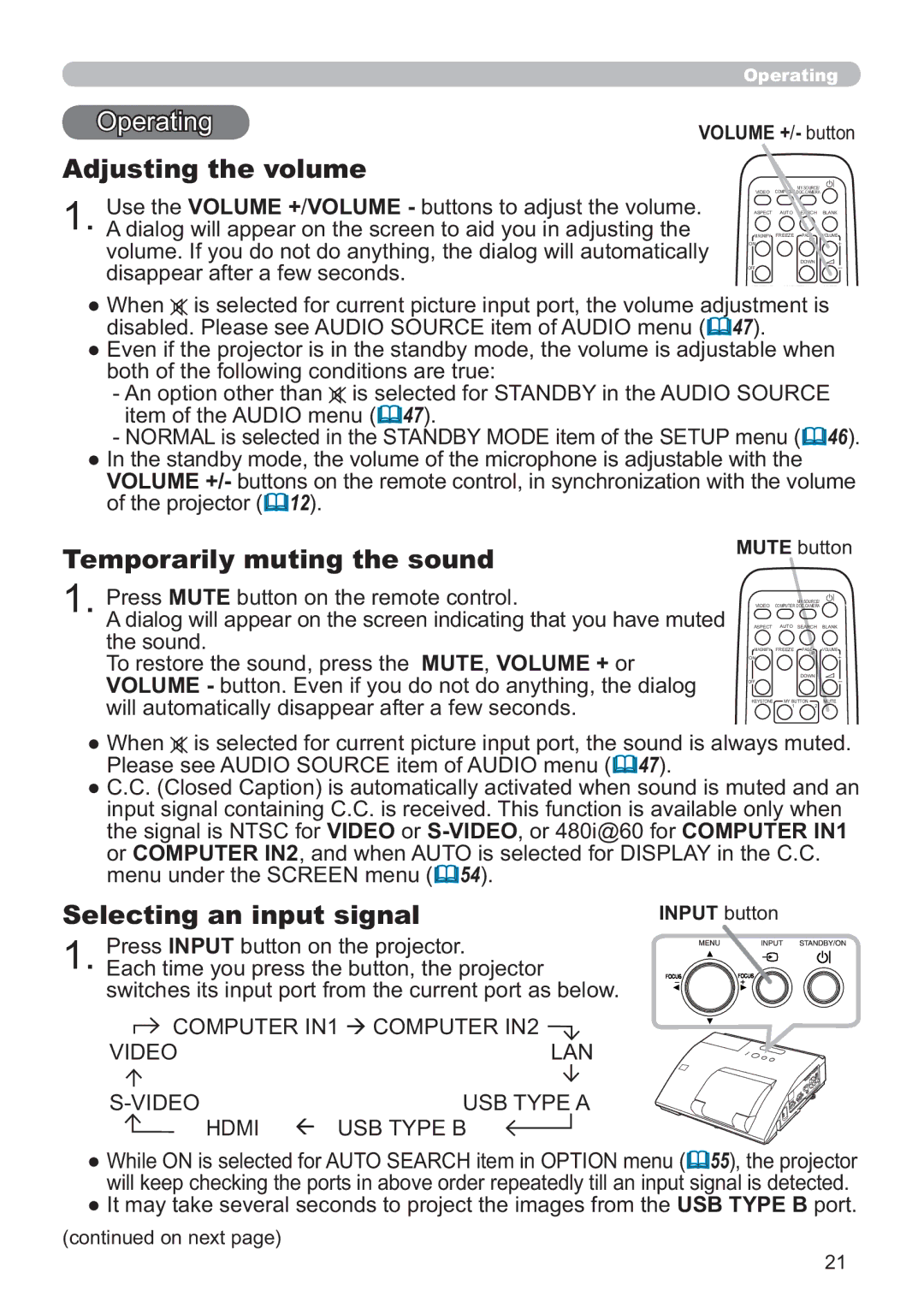 Hitachi IPJ-AW250NM user manual Operating, Adjusting the volume, Temporarily muting the sound, Selecting an input signal 