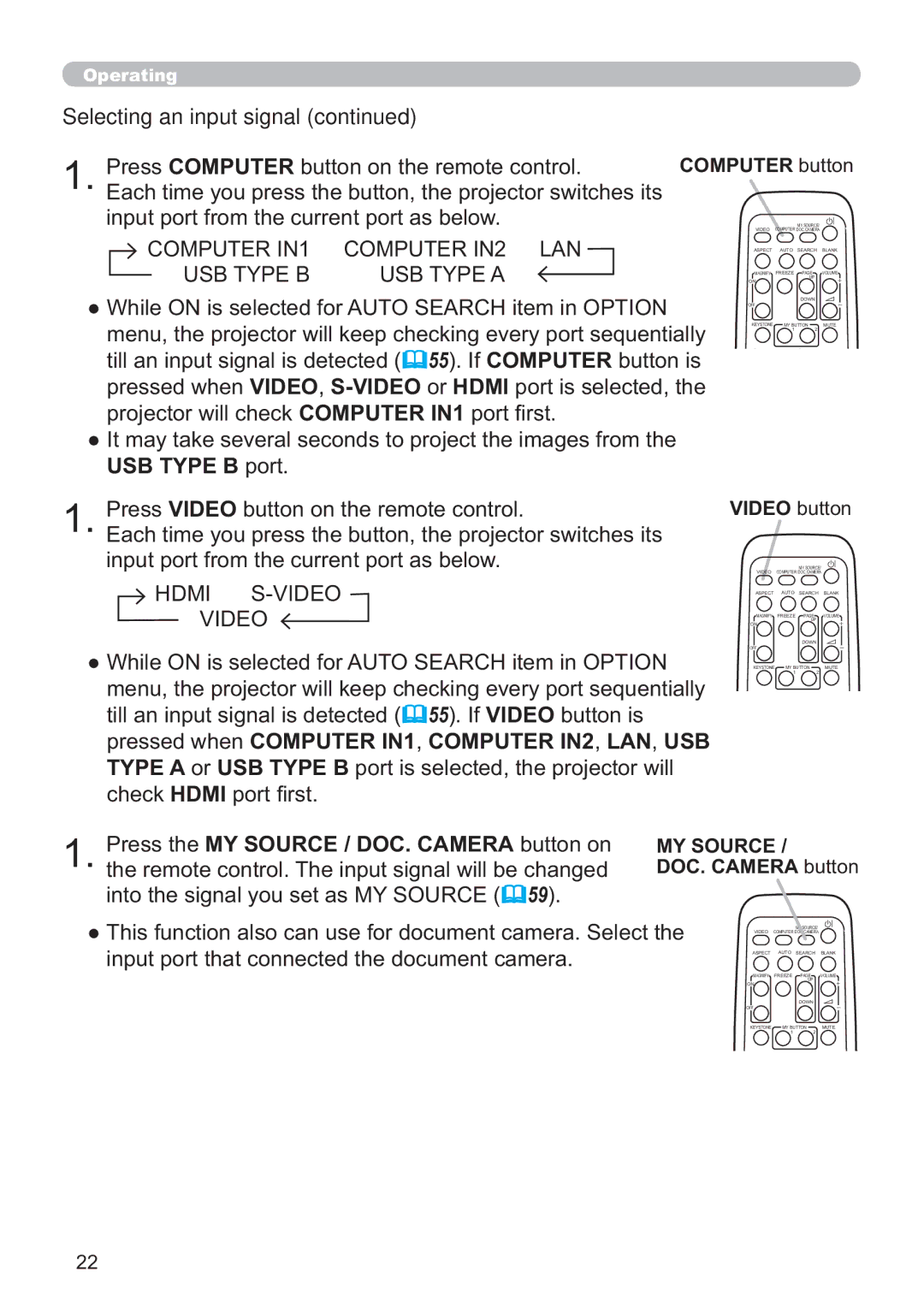 Hitachi IPJ-AW250NM user manual Press the MY Source / DOC. Camera button on, Computer button, Video button 