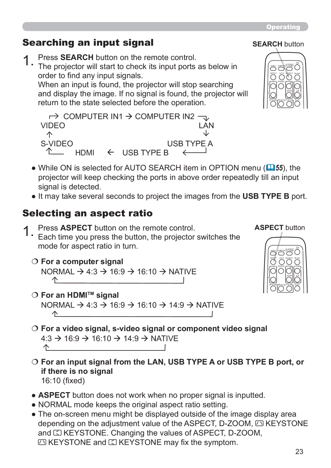 Hitachi IPJ-AW250NM Searching an input signal, Selecting an aspect ratio, For a computer signal, For an Hdmitm signal 