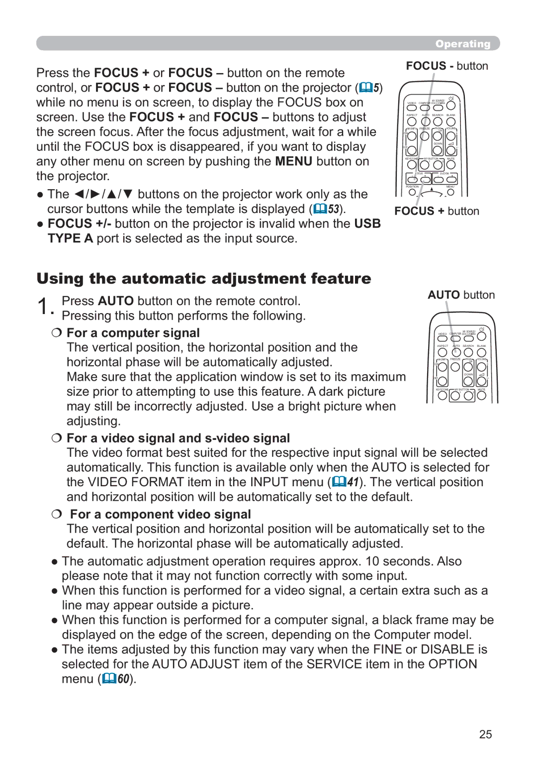 Hitachi IPJ-AW250NM user manual Using the automatic adjustment feature, For a video signal and s-video signal, Focus button 