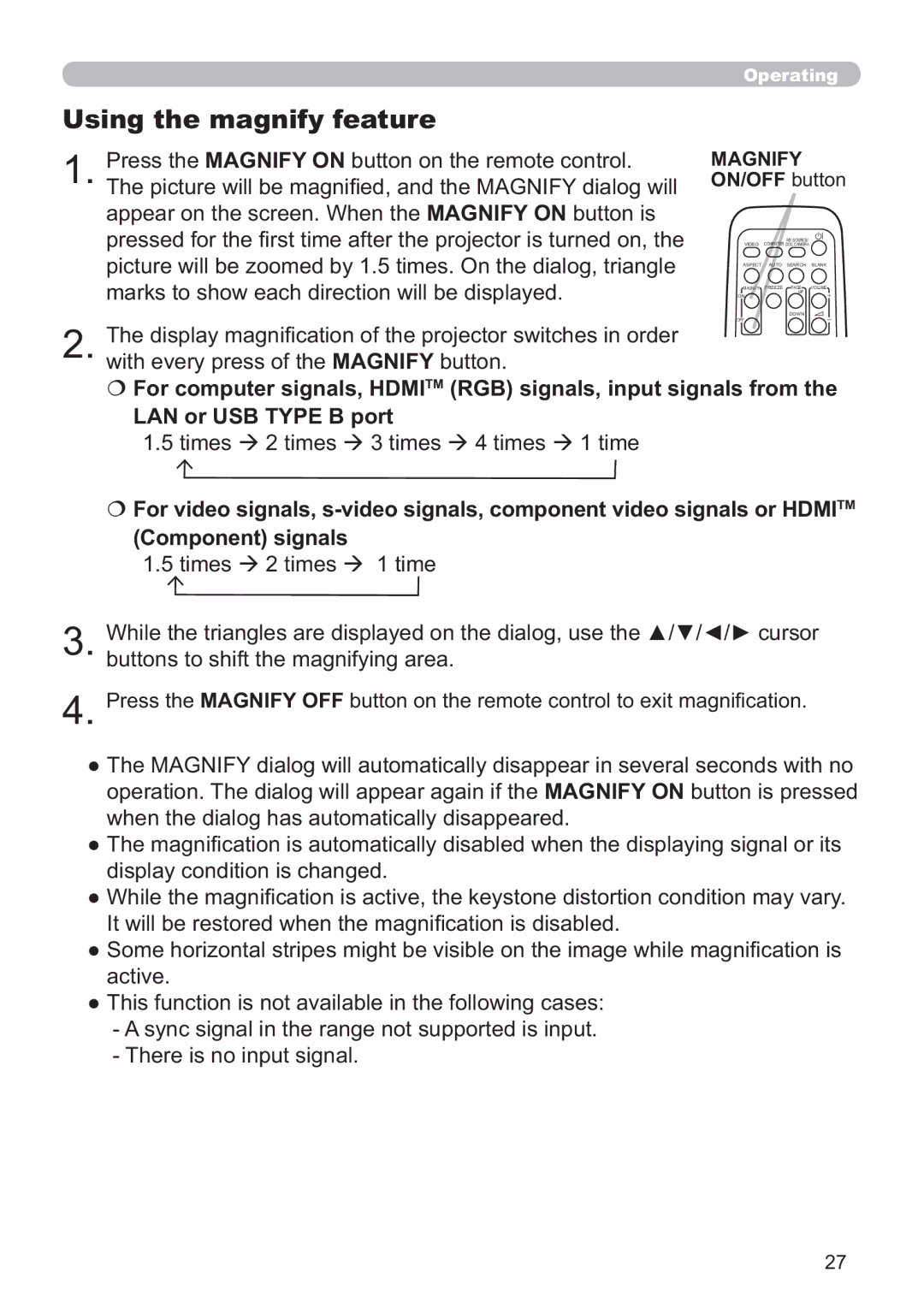 Hitachi IPJ-AW250NM user manual Using the magnify feature, Magnify ON/OFF button 