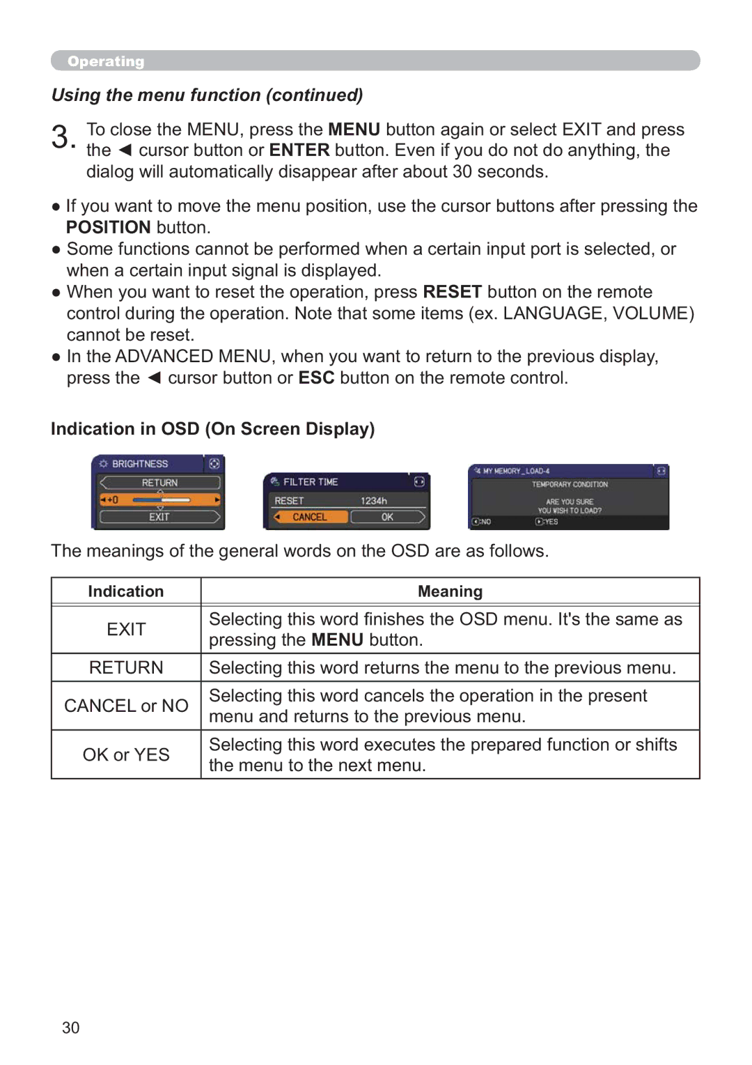 Hitachi IPJ-AW250NM user manual Indication in OSD On Screen Display, Indication Meaning 