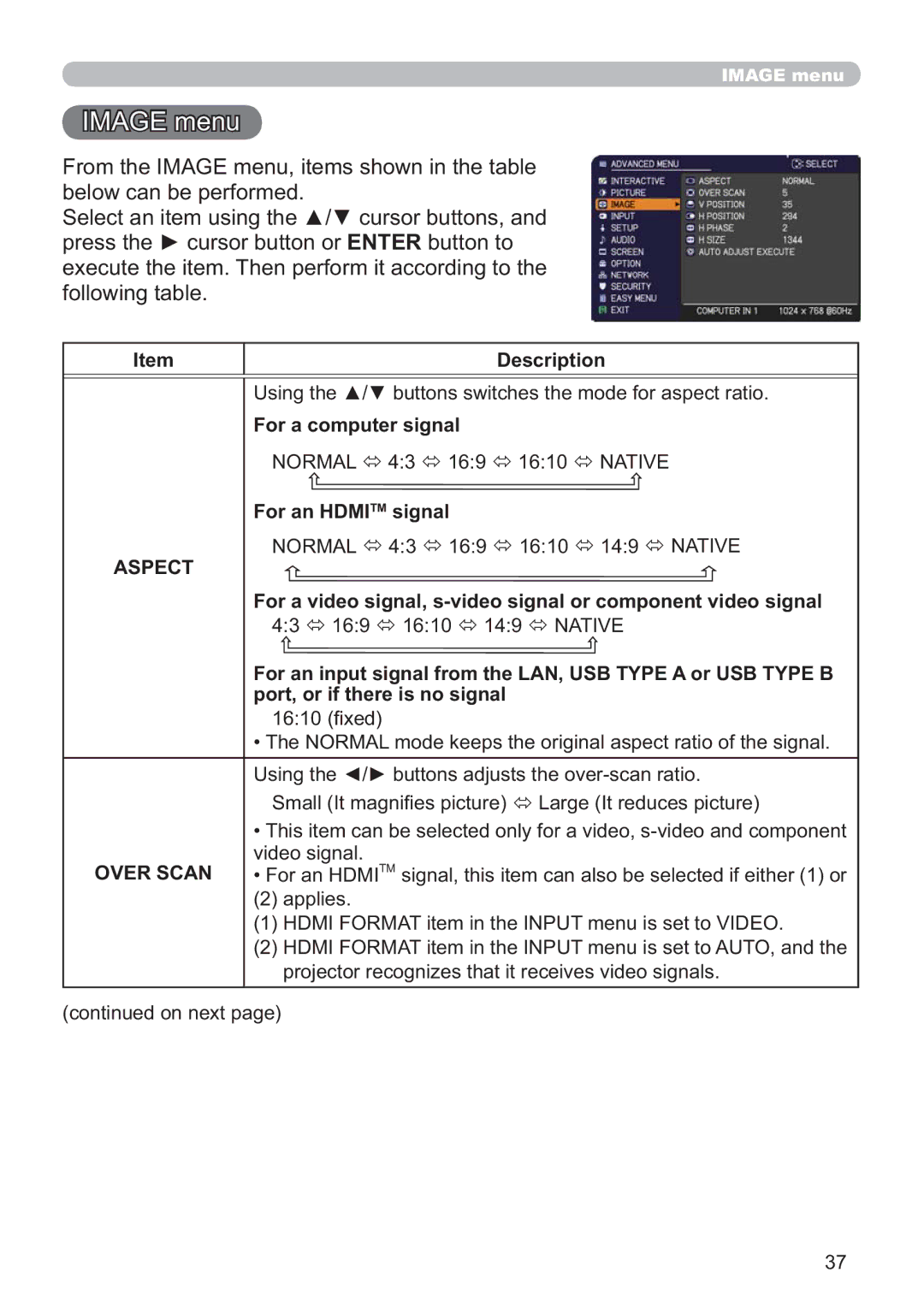 Hitachi IPJ-AW250NM user manual Image menu, For a computer signal, For an Hdmitm signal 