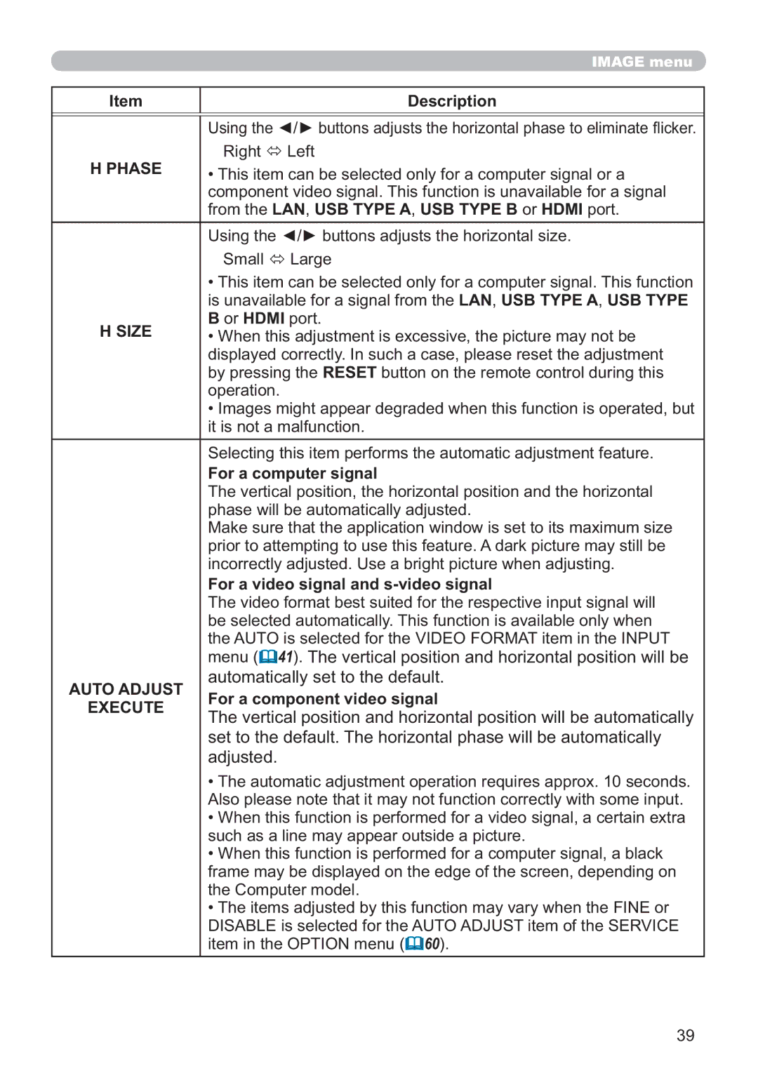 Hitachi IPJ-AW250NM user manual Phase, Size, Auto Adjust, Execute 