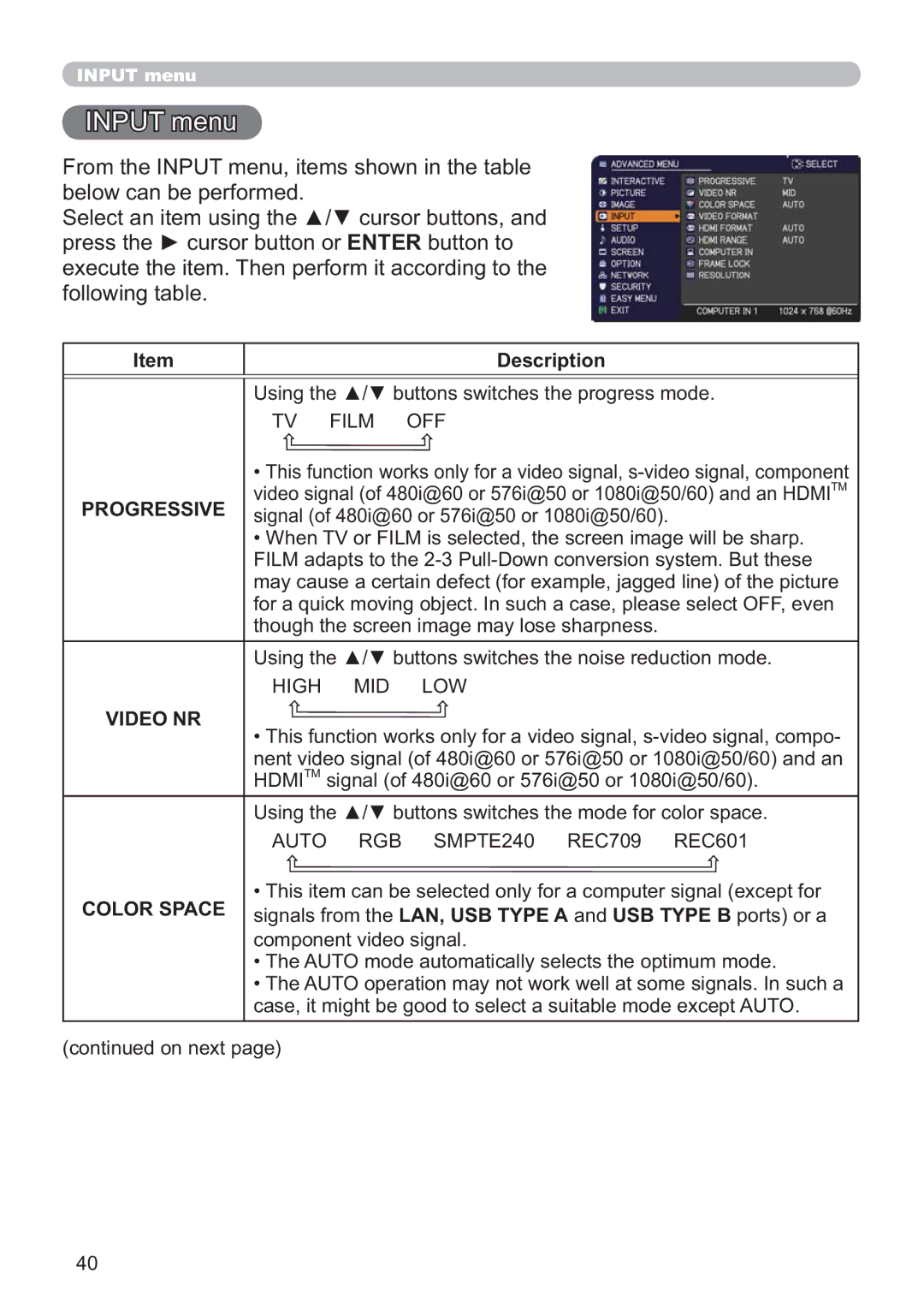 Hitachi IPJ-AW250NM user manual Input menu, TV Film OFF, High MID LOW, Video NR, Auto RGB SMPTE240 REC709 REC601 